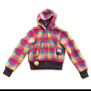 Y2K VTG Rue 21 Multicolor Pom Pom Teddy Hooded Zip Up Jacket Size XL